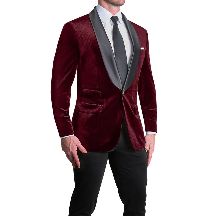 Suits State and Liberty Clothing Company | Athletic Fit Stretch Tuxedo Jacket - Maroon Velvet