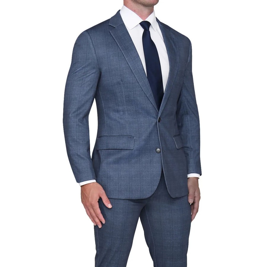 Tops State and Liberty Clothing Company | Athletic Fit Stretch Blazer - Steel Blue And Black Micro Windowpane