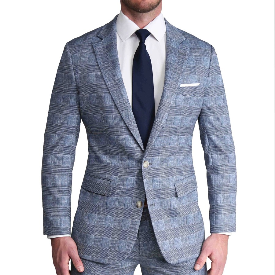 Suits State and Liberty Clothing Company | Athletic Fit Stretch Blazer - Knit Light Blue, Navy And White Plaid