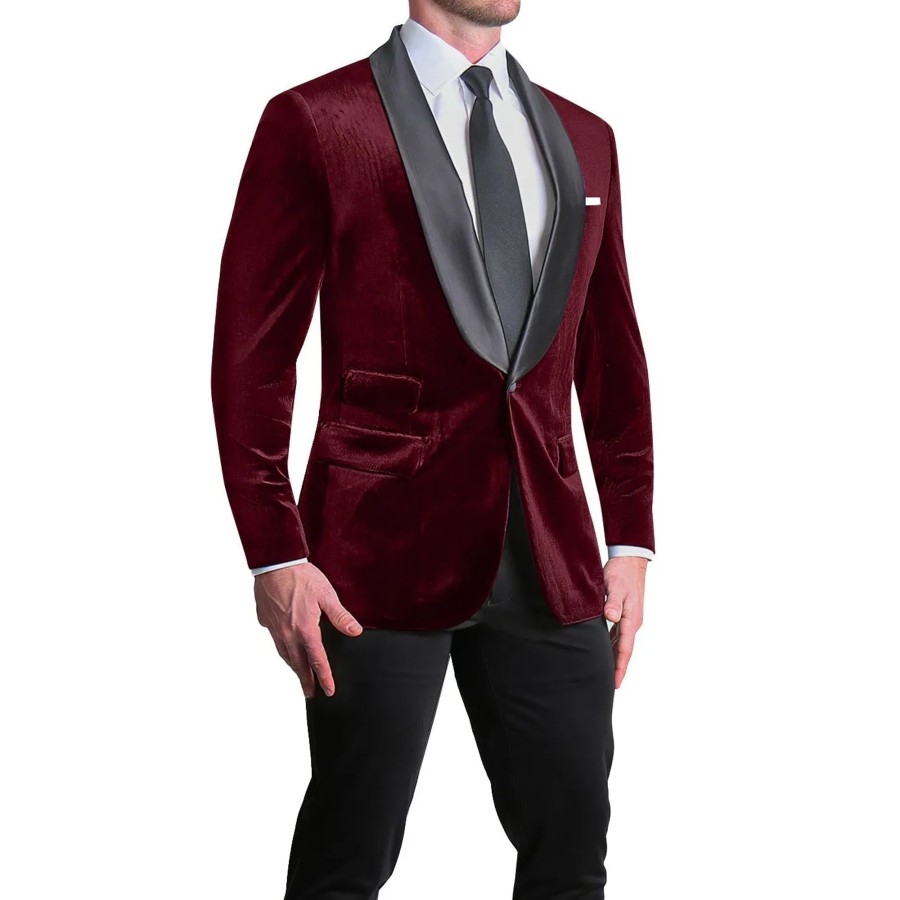 Suits State and Liberty Clothing Company | Athletic Fit Stretch Tuxedo Jacket - Maroon Velvet