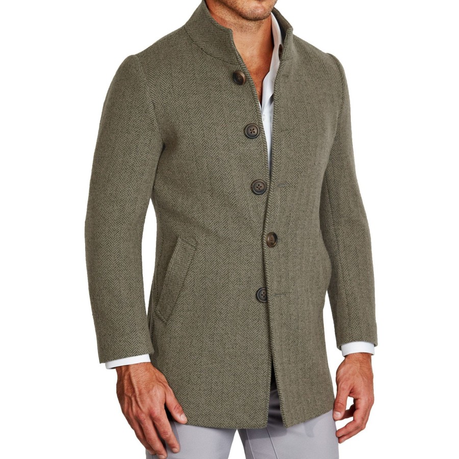 Tops State and Liberty Clothing Company | Olive Herringbone Open Button Overcoat