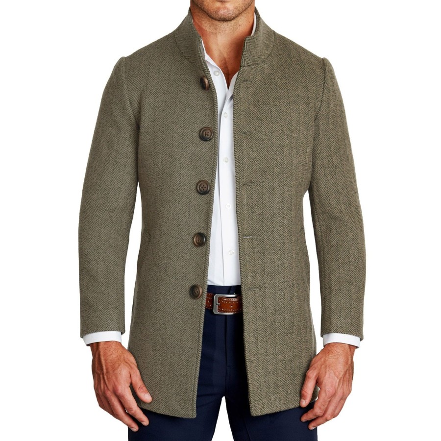 Tops State and Liberty Clothing Company | Olive Herringbone Open Button Overcoat