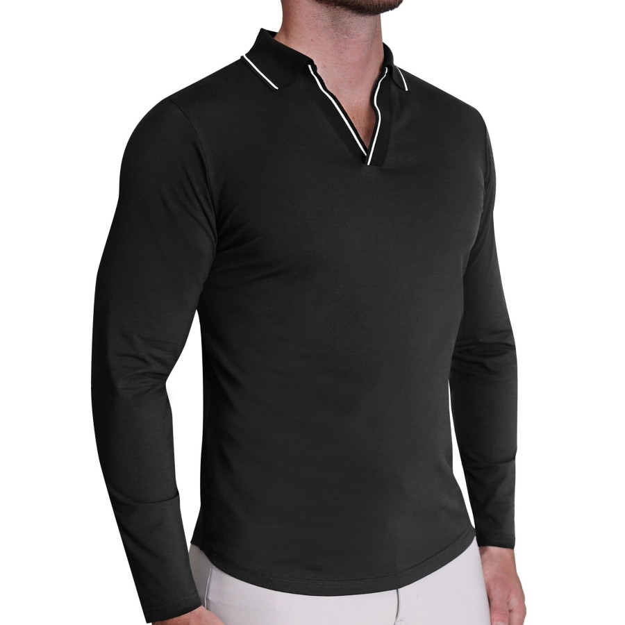 Tops State and Liberty Clothing Company | Tipped Long Sleeve Polo - Black With White