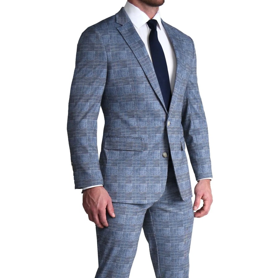 Suits State and Liberty Clothing Company | Athletic Fit Stretch Suit - Knit Light Blue, Navy And White Plaid