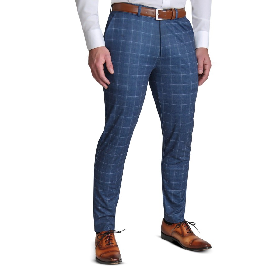 Bottoms State and Liberty Clothing Company | Brushed Tech Suit Pant - Heathered Blue With White Windowpane