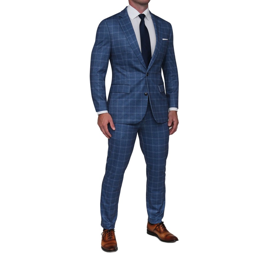 Bottoms State and Liberty Clothing Company | Brushed Tech Suit Pant - Heathered Blue With White Windowpane