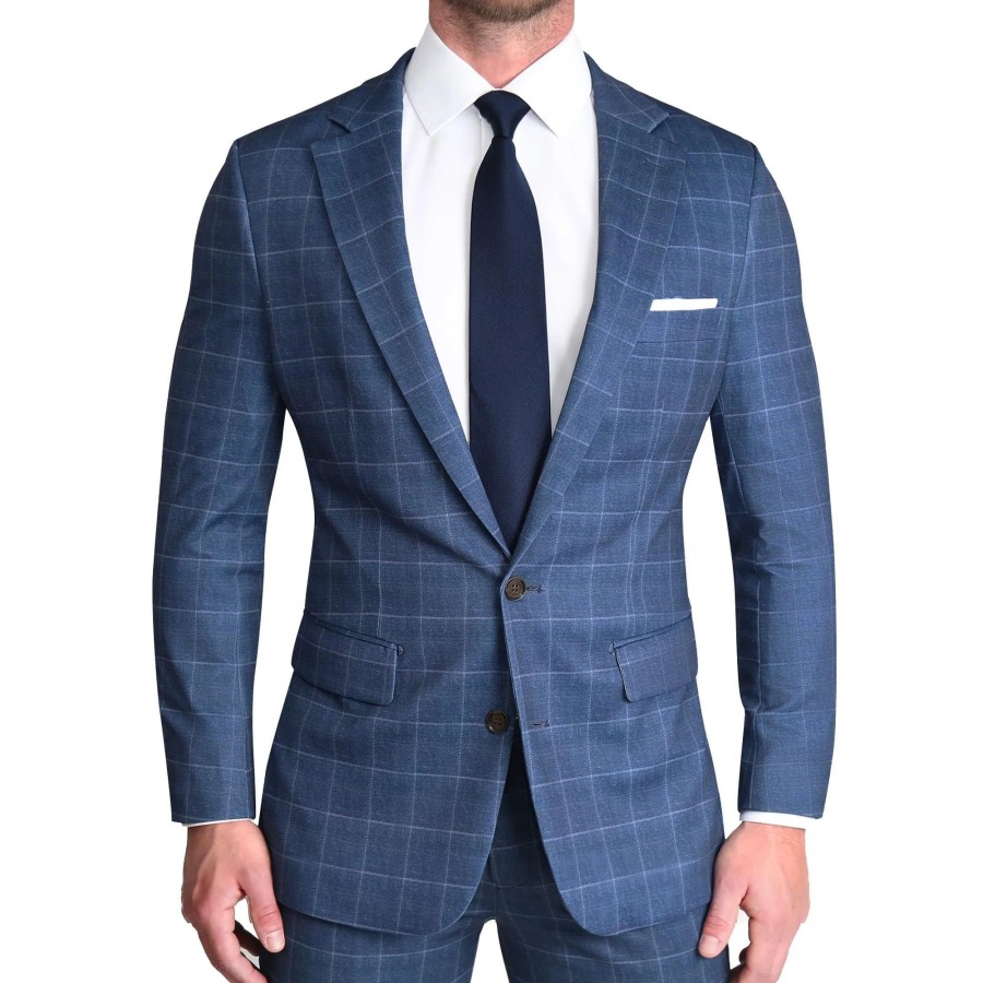 Suits State and Liberty Clothing Company | Brushed Tech Stretch Blazer - Heathered Blue With White Windowpane