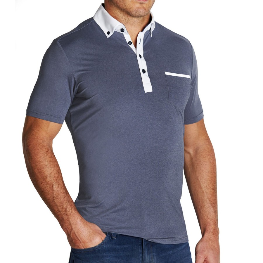 Tops State and Liberty Clothing Company | The Anders Steel Blue Tech Polo With White Accents