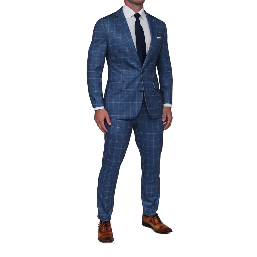 Bottoms State and Liberty Clothing Company | Brushed Tech Suit Pant - Heathered Blue With White Windowpane