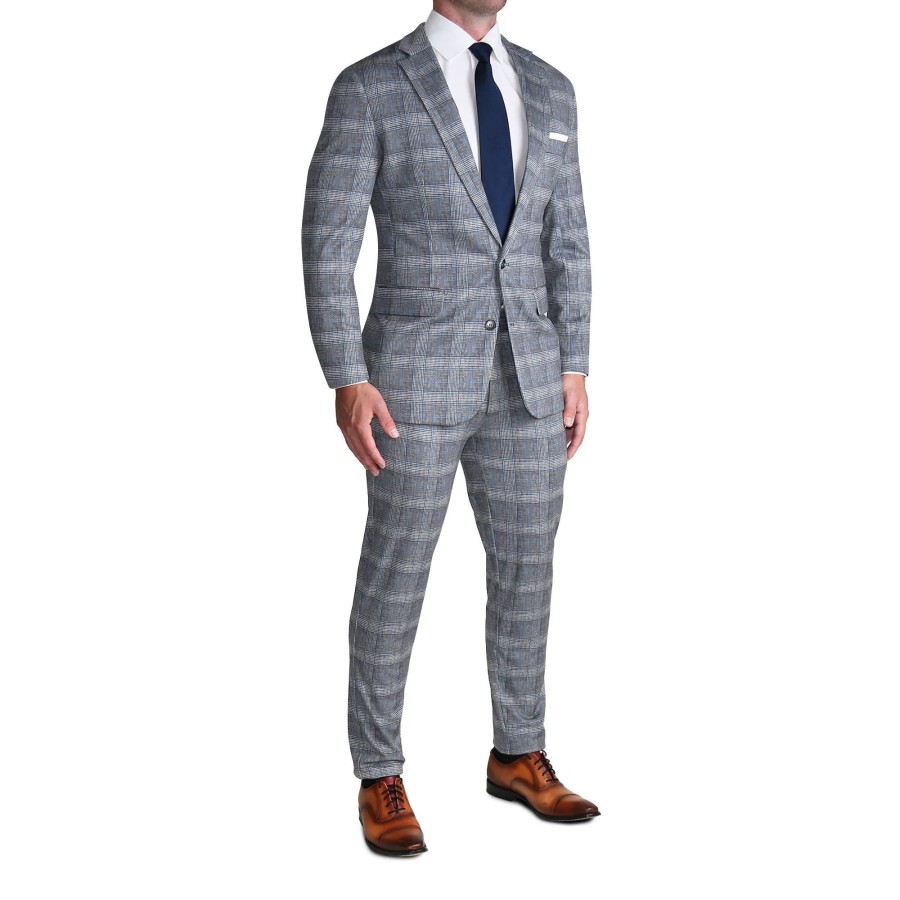 Suits State and Liberty Clothing Company | Athletic Fit Stretch Blazer - Grey With Blue Plaid