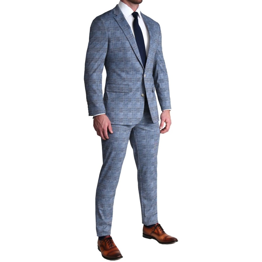 Suits State and Liberty Clothing Company | Athletic Fit Stretch Blazer - Knit Light Blue, Navy And White Plaid