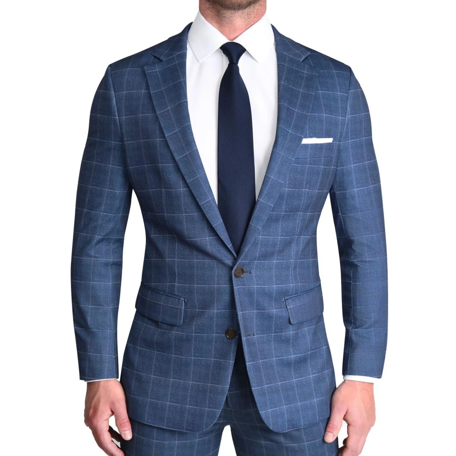 Tops State and Liberty Clothing Company | Brushed Tech Stretch Blazer - Heathered Blue With White Windowpane